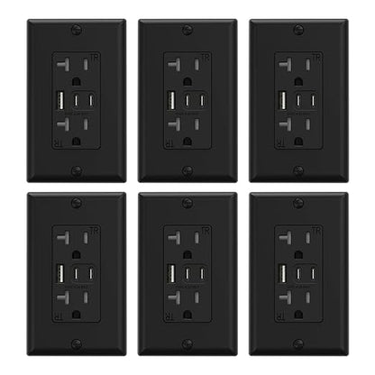 ELEGRP USB Outlets, 20 Amp Wall Outlet with 3 USB Ports, Dual USB C Ports Outlets, TR Tamper-Resistant USB Outlets Receptacles, Wall Plate Included, UL/CUL Listed, 6 Pack, Black