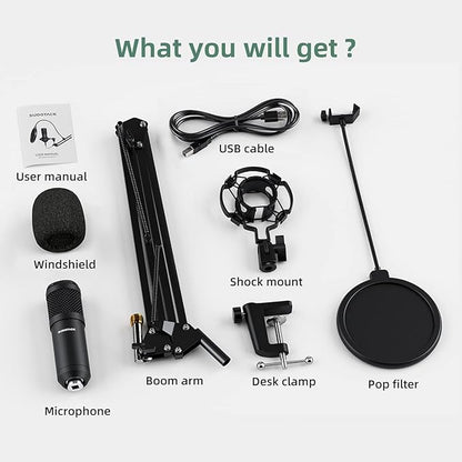 SUDOTACK USB Condenser Podcast Microphone for PC: Studio Microphone Kit with 192KHz/24bit Professional Sound Chipset Cardioid for Recording, Streaming, Gaming, Voice-Over, YouTube, Skype, Twitch