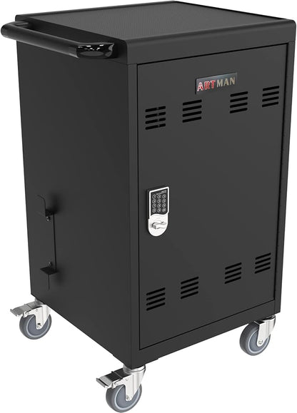 30-Device Mobile Charging Cart with Power Strip, Locks, Cable Management, Up to 16.3" Safe Charging Cabinet for Chromebooks, Tablets, Laptops. Black with Code Lock