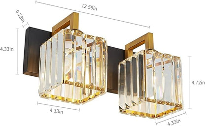 FDPBY Modern Bathroom Vanity Light 2-Lights Black Gold Crystal Wall Lamp Bathroom Modern Crystal Vanity Lighting
