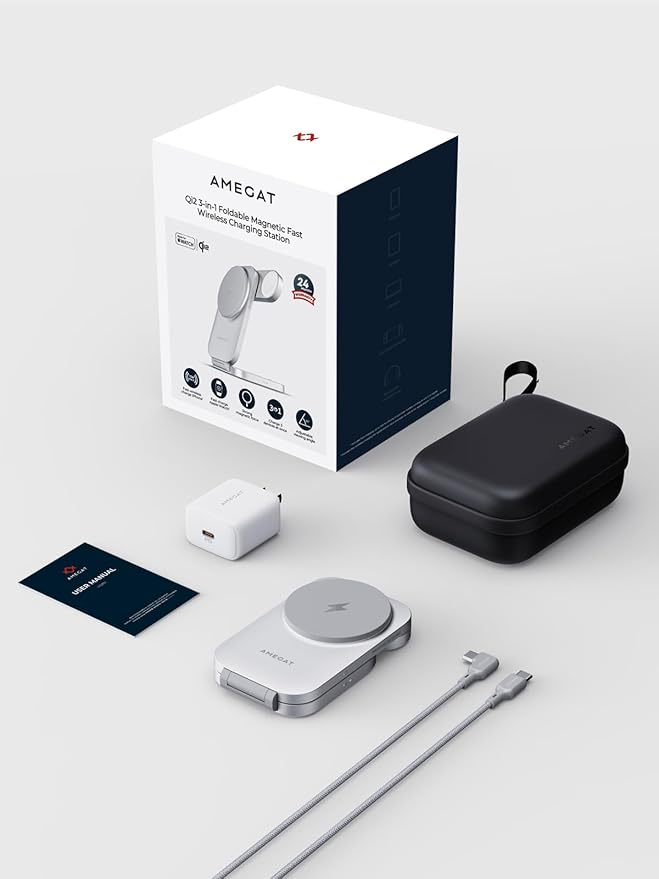 MagFusion Z 3-in-1 Charging Station Compatible with MagSafe, Qi2 Certified 15W Wireless Foldable Charger, for iPhone 16/15/14/13/12, AirPods 4/3/2/Pro, Apple Watch Charger, Silver