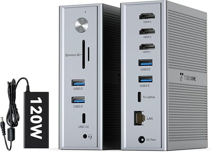 TobenONE DisplayLink Docking Station 3 Monitors, 14-in-1 Triple Monitor Dock for M1-M5 MacBook/Mac mini, Windows, Chrome (3HDMI, 120W Power Supply, 5 USB, Home Office & Professional Workspace