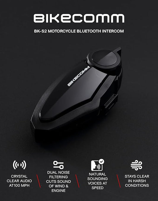 BIKECOMM BK-S2 Motorcycle Bluetooth Headset Intercom – 1200M Range Wireless Speakers - Helmet Communication System, IP67, Black, Twin Pack