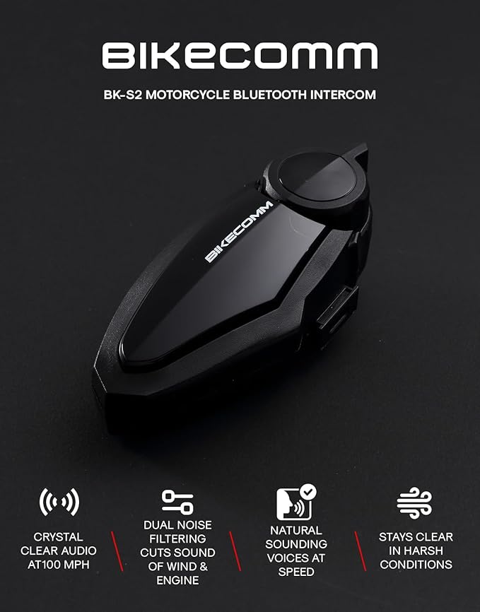 BIKECOMM BK-S2 Motorcycle Bluetooth Headset Intercom – 1200M Range Wireless Speakers - Helmet Communication System, IP67, Carbon, Twin Pack
