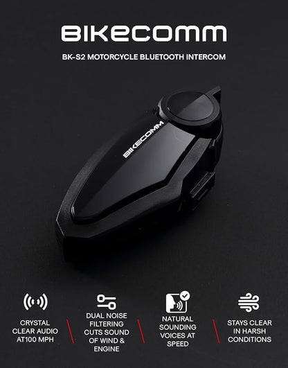 BIKECOMM BK-S2 Motorcycle Bluetooth Headset Intercom – 1200M Range Wireless Speakers - Helmet Communication System, IP67, Black