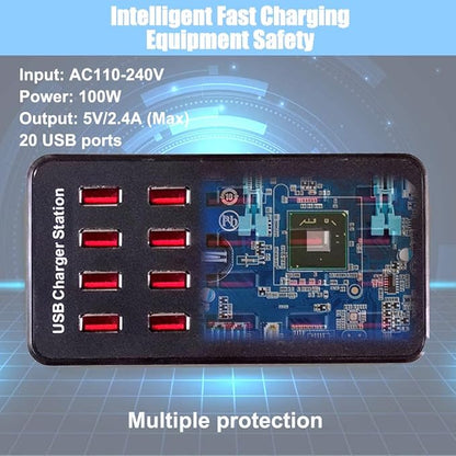 MaxLax 20-Port USB Charger Station, 100W/20A, Compatible with Smartphones, Tablets, and Other USB Devices
