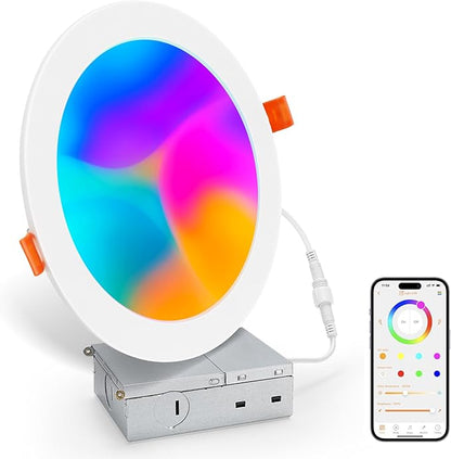 Smart Recessed Lighting 6 Inch, RGBCW Color Changing Canless Recessed Ceiling Lights, Dimmable Retrofit Downlight Compatible with Alexa, Siri, Google Voice & App Control with Junction Box, 1Pack