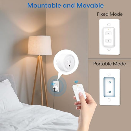 LoraTap Mini Wireless Remote Control Outlet Plug Adapter (2 Pack) with Remote, 2 Channel Wall Switch, 656ft Control Range for Indoor Lamps and Home Appliances, No Hub Required, 10A/1100W, White
