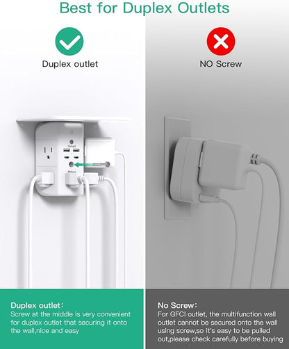 Wall Outlet Extender with Shelf and Night Light, Surge Protector, USB Wall Charger with 5 AC Outlets and 2 USB A Ports 2 USB C Ports Wide Space 3-Sided Power Strip Multi Plug Outlets