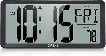 XREXS Large Digital Wall Clock, Battery Operated Alarm Clocks for Bedroom Home Decor, Count Up & Down Timer, 14.17 Inch Large LCD Screen with Time/Calendar/Temperature Display (Batteries Included)