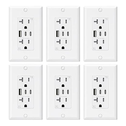 ELEGRP USB Outlets, 20 Amp Wall Outlet with 3 USB Ports, Dual USB C Ports Outlets, TR Tamper-Resistant USB Outlets Receptacles, Wall Plate Included, UL/CUL Listed, 6 Pack, White