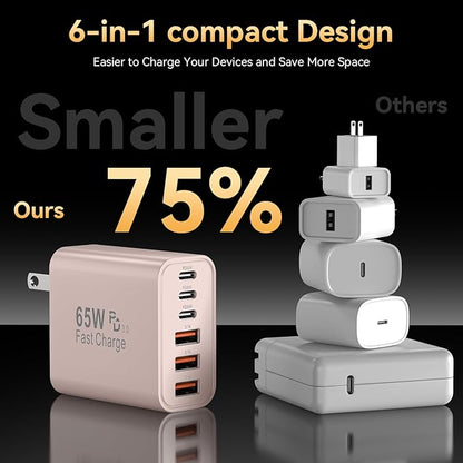 USB C Fast Charger Block, iPhone Charger Fast Charging Blocks 65W Multi Port Charger 6-Ports PD & QC Charging Cube Brick Power Adapter Type C Wall Chargers for iPhone 17/16/15/14/13/12 Pro Max, iPad