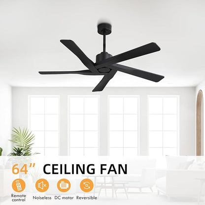 WINGBO 64" ABS DC Ceiling Fan No Light, 5 Blade ABS Plastic Ceiling Fan with Remote, 6-Speed Reversible DC Motor, Ceiling Fans without Light for Kitchen Bedroom Living Room, Matte Black