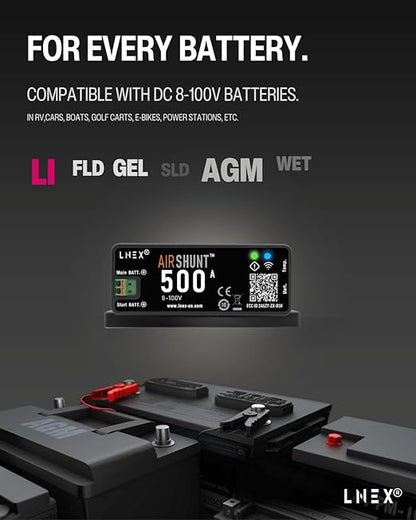 LNEX Bluetooth Battery Monitor, 500A Smart Shunt with Temp Sensor for 8-100V Lifepo4, Lithium Sealed, Gel, Flooded Battery