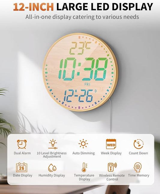 GLOKUUCA 12" Large Digital Wall Mount Clock, Count Down Timer, Alarm, Big LED, 12 RGB Color, Temperature for Living Room Classroom Desk (Bamboo Elements)