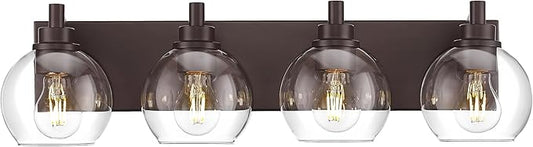METWET Bathroom Light Fixtures Over Mirror, 4-Light Oil Rubbed Bronze Bathroom Vanity Light with Globe Clear Glass Shade, 26 Inch Modern Sconces Wall Lighting, VL195-ORB-4