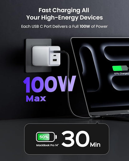 Wegear 100W USB C Charger Block, 3-Port Compact Foldable Power Adapter USB Wall Charger for MacBook Pro/Air, Dell XPS, iPad Pro, iPhone Series, Galaxy S25/S24, and More