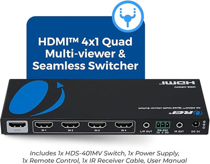 OREI Quad Multi HDMI Viewer 4 in 1 Out HDMI Switcher 4 Ports Seamless Switcher and IR Remote Support 4K @ 30Hz 1080P for PS4/PC/DVD/Security Camera, VGA Output - HDS-401MV