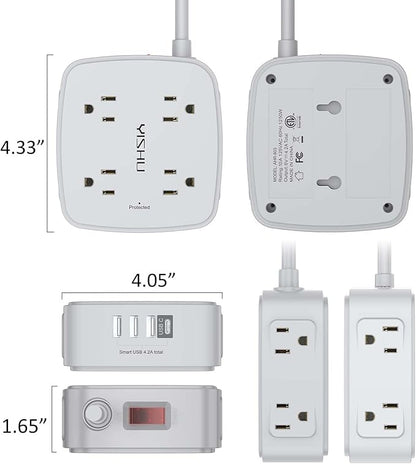 6 Ft Surge Protector Power Strip - 8 Widely Outlets with 4 USB Ports, 3 Side Outlet Extender with 6 Feet Extension Cord, Flat Plug, Wall Mount, Desk USB Charging Station, ETL, Grey