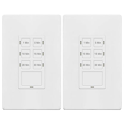 TG 30-Minute No Neutral Wire Countdown Timer Switch, 1-5-10-15-20-30 Min, for Bathroom Fans, Heaters, Lights, LED Indicator, 120VAC 800W, UL Listed, White, 2 Pack