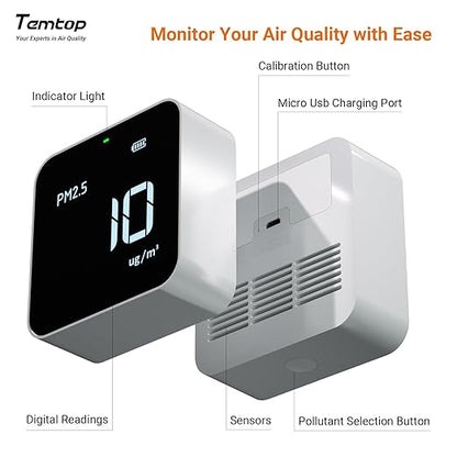 Temtop Smart Air Quality Monitor Indoor Home Air Testing for AQI, PM2.5, Formaldehyde and VOCs with WiFi Connection and Remote Monitoring via App,M10i