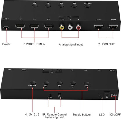 Dingsun 3 Way HDMI 2.0+ RCA to 2 Way HDMI Converter for Fire Stick，ROKU, N64, NGC, Wii, PS2/3/4/5, Xbox Series, Xbox ONE, Switch ect.(4In to 2Out)