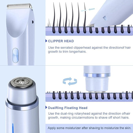 Bikini Trimmer for Women 2 in 1 Dual Head - IPX7 Waterproof Painless Electric Razors for Beauty, Pubic Hair, Face, Legs & Underarms– Portable Cordless Shaver with Fast Charging, Easy Cleaning (Blue)