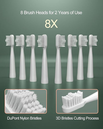AJELU Upgrade Sonic Electric Toothbrush for Adults, 8 Replacement Brush Heads, Rechargeable Electric Toothbrush with 2-Minutes Timer IPX7 Water-Proof, for Indoor & Outdoor, White & Green Gradient