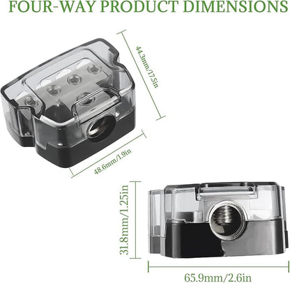 BOJACK 4 Way Power Distribution Connecting Block 1x0/2/4 Gauge Input 2x4/8 Gauge Output Power Distribution Block for Car Amplifier Audio Splitter