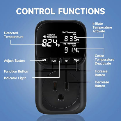 COMYAN Temperature Controlled Outlet , 15A/1800W Digital Thermostat Outlet, Cyclic Timing/Countdown, -40℉~210℉ VA Display Heating Cooling Control Timer with 2Pcs Probe Cable for Reptile Incubator
