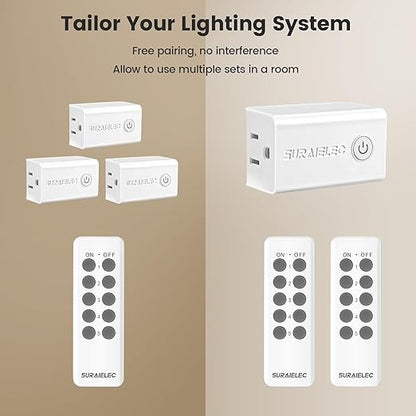 SURAIELEC Remote Control Outlet, Wireless Remote Light Switch, 100 FT, 15A/1875W, Expandable Indoor Compact Side Outlet Plug for Lamps, Fans, Christmas Trees, Small Appliances, 5 Outlets + 2 Remotes
