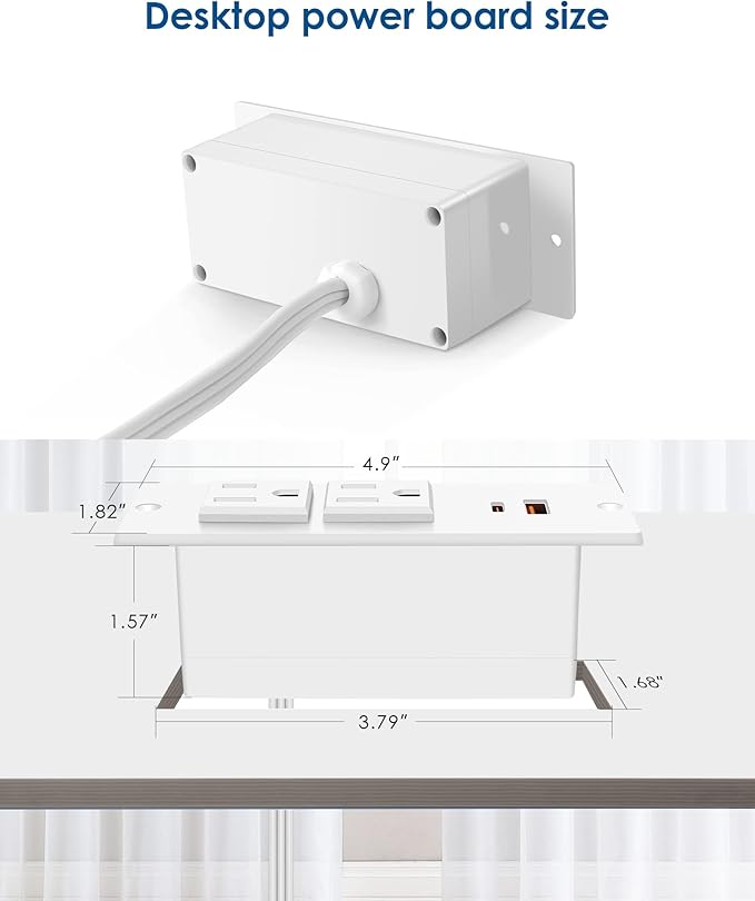 Recessed Power Strip USB C PD 30W Fast Charging,Flush Mount Desk Recessed Outlet,Space-Saver for Furniture Side Table,2 USB Ports,2 AC Outlets,6ft Cord,Ultra Thin Flat Plug,White