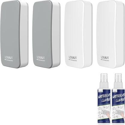 loukin 4 Pack Magnetic Dry Erase Eraser, Whiteboard Eraser, Glass Board Remover, 3.4 fl oz Whiteboard Cleaner * 2 Included, for Classroom, Home and Office Use (Grey*2, White*2)