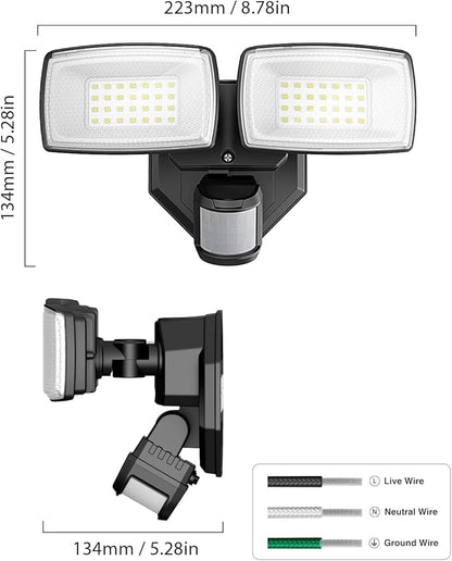 Onforu 32W 2 Head Motion Sensor Outdoor Lights, 3200LM 6500K LED Security Light Hardwired, Dusk to Dawn, Motion Detector Light for Outside, IP65 Waterproof Flood Lights for Garage, Yard(Black)
