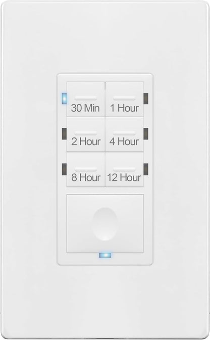 Enerlites HET06 12 Hour Timer Switch for Patio, Path, Porch Lights and Sprinklers | 30min-12Hr, Timer for fan motor and ventilation, 1/2HP Support, Single Pole, UL Listed, Neutral Wire Required, White