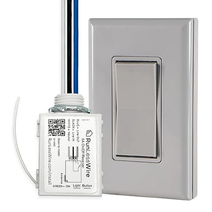 RunLessWire Single Pole Battery-Free DIY Wireless Light Switch Kit 150ft RF Range Self-Powered by Kinetic Energy for Fixtures & Outlets : 1 Remote Switch Controls 1 5A On/Off Receiver – Gray