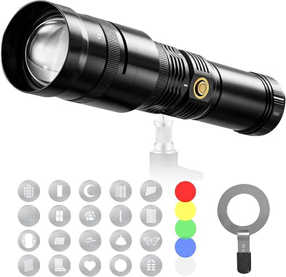 Alluneitter 40W LED Photography Flashlight Aluminum, Professional Imaging Lens, Stepless Zoom Control, 7800mAh,4 Color Light with 20 gobos for Photo, Content Creation Video Recording Accessorie