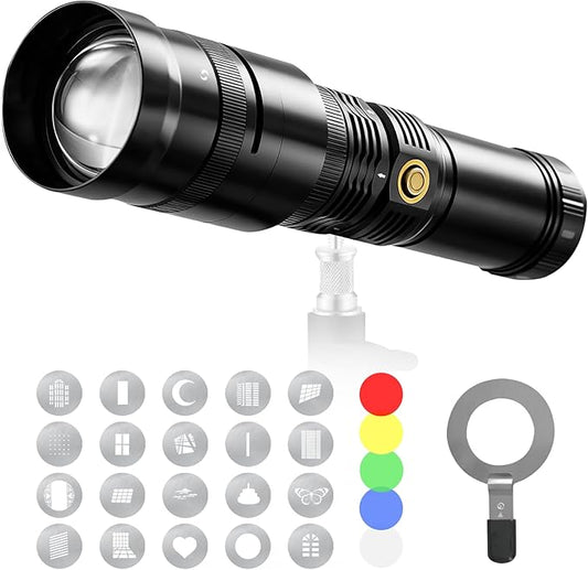 Alluneitter 40W LED Photography Flashlight Aluminum, Professional Imaging Lens, Stepless Zoom Control, 7800mAh,4 Color Light with 20 gobos for Photo, Content Creation Video Recording Accessorie