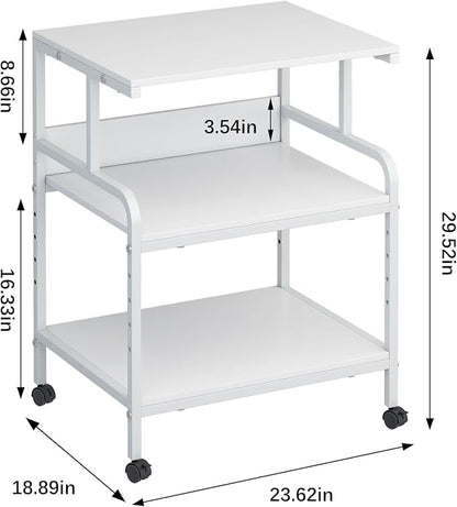 Arbuxzuy Large Printer Stand with Storage Shelf, 23.6" W x 18.9" D Printer Cart with Wheels, 3 Tier Mobile Printer Table for Home Office,Stands for Heat Press Scanner Fax (White)