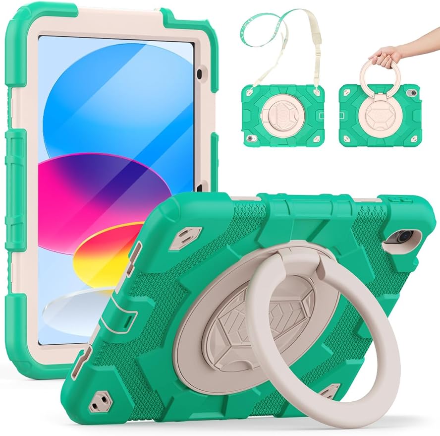 SCSVPN for iPad (A16) 11th/10th Generation Case 11 inch 2025/10.9 inch 2022, Rugged Shockproof Protective Silicone Case for Kids with Pencil Holder, Rotate Stand & Handle, Shoulder Strap - Mint Green