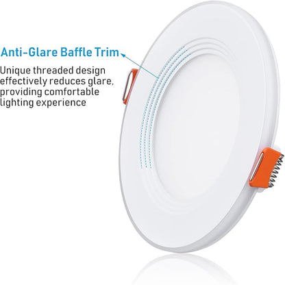 TORCHSTAR 8-Pack 5CCT 4 Inch Slim LED Recessed Lights with Night Light, CRI90, Anti-Glare Baffle Trim, 27003000350040005000K Selectable, 9W Dimmable Ultra-Thin Canless Wafer Downlight, ETL
