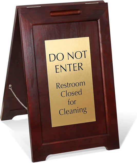 SmartSign Premium "Do Not Enter Restroom Closed for Cleaning" Wooden A-Frame Standing Floor Sign, 2-Sided, 24" x 15", Hardwood Pine Frame, 120 mil Brass ACM Sign Face, Black on Gold, Made in USA