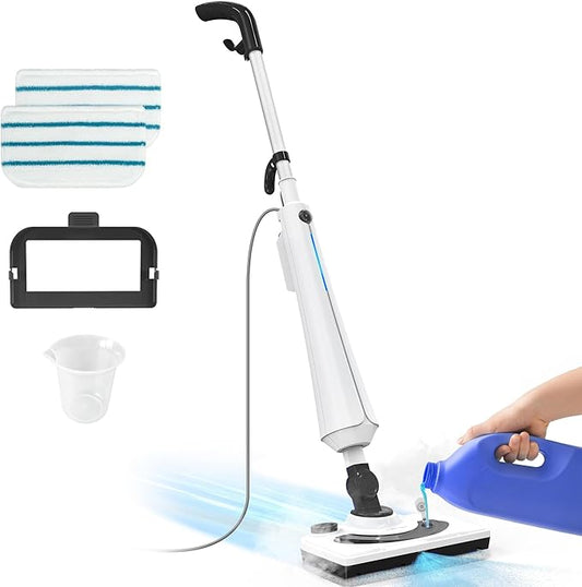 Black Steam Mop for Hardwood Floors, 1300W 25S Heat Up Floor Steamer with Detergent Chamber, Lightweight Cleaner for Tiles/Carpets, 2 Washable Pads