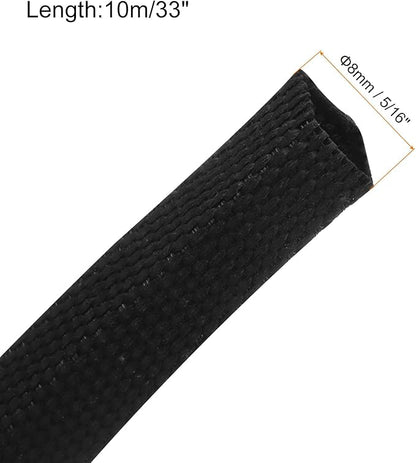 MECCANIXITY Braided Cable Sleeves Heat Shrinkable Fabric Sleeving, 5/16" 33ft Black 2:1 Ratio Heat Shrinkable Cord Protector for Harness Cable, Network Cable Protection, Cable Management