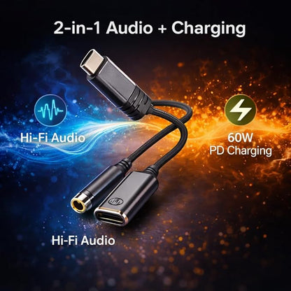 Mizi [2025 Upgraded USB-C to 3.5mm Headphone & Charger Adapter – 2-in-1 Type-C Audio Dongle with Hi-Res DAC & Fast Charging – Compatible with iPhone 16/15, Galaxy S25/S24, Pixel, iPad - Grey