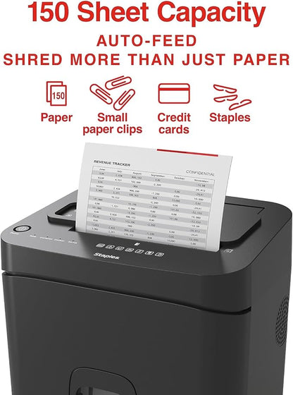Staples 150-Sheet Micro-Cut Paper Shredder, Autofeed, Anti-Jam, 7.4-Gallon Pull-Out Bin, Black, for Home & Office