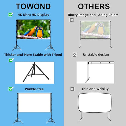 TOWOND Projector Screen with Stand, 84 inch Outdoor Projector Screen Portable Indoor Projection Screen 16:9 4K Rear Front Movie Screen with Carry Bag for Home Backyard Theater
