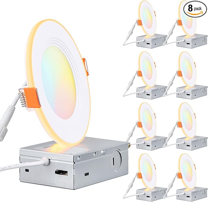TORCHSTAR 8-Pack 5CCT 4 Inch Slim LED Recessed Lights with Night Light, CRI90, Anti-Glare Baffle Trim, 27003000350040005000K Selectable, 9W Dimmable Ultra-Thin Canless Wafer Downlight, ETL
