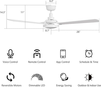 SMAAIR 52 Inch Smart Wifi Ceiling Fans with Dimmable LED Lights and Remote, Compatible with Alexa/Google Home/Siri/APP, Outdoor DC Fans with 10 Speeds, Timer/Schedule,White