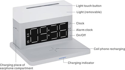 IHAO 6in1 Smart Alarm Clock with Wireless Charger RGB Mood Light 15W Fast Wireless Charging for All Qi Phone TWS Headphone Compliant with i-Watch 7 Color Night Light Large Digital Display-Black